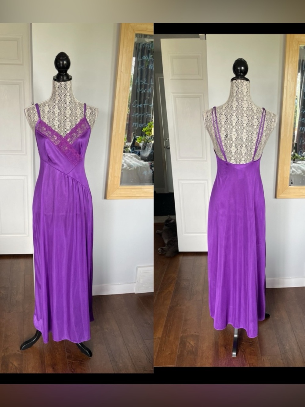 Vintage Open Back Lace Trim Surplice Slip Lingerie Dress With Slit. Small.